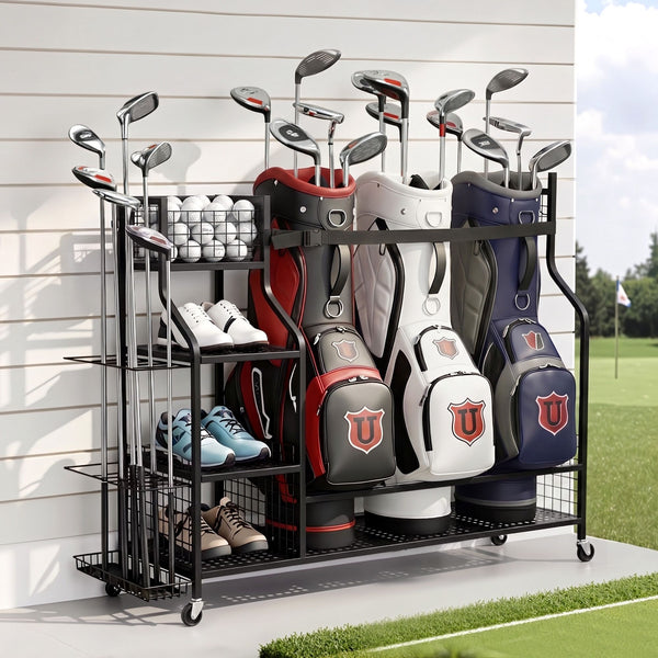 Everfit Golf 3 Bag Storage Golf Storage Garage Organizer with Wheels Black Everfit