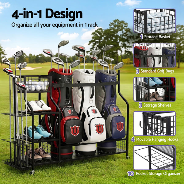 Everfit Golf 3 Bag Storage Golf Storage Garage Organizer with Wheels Black Everfit