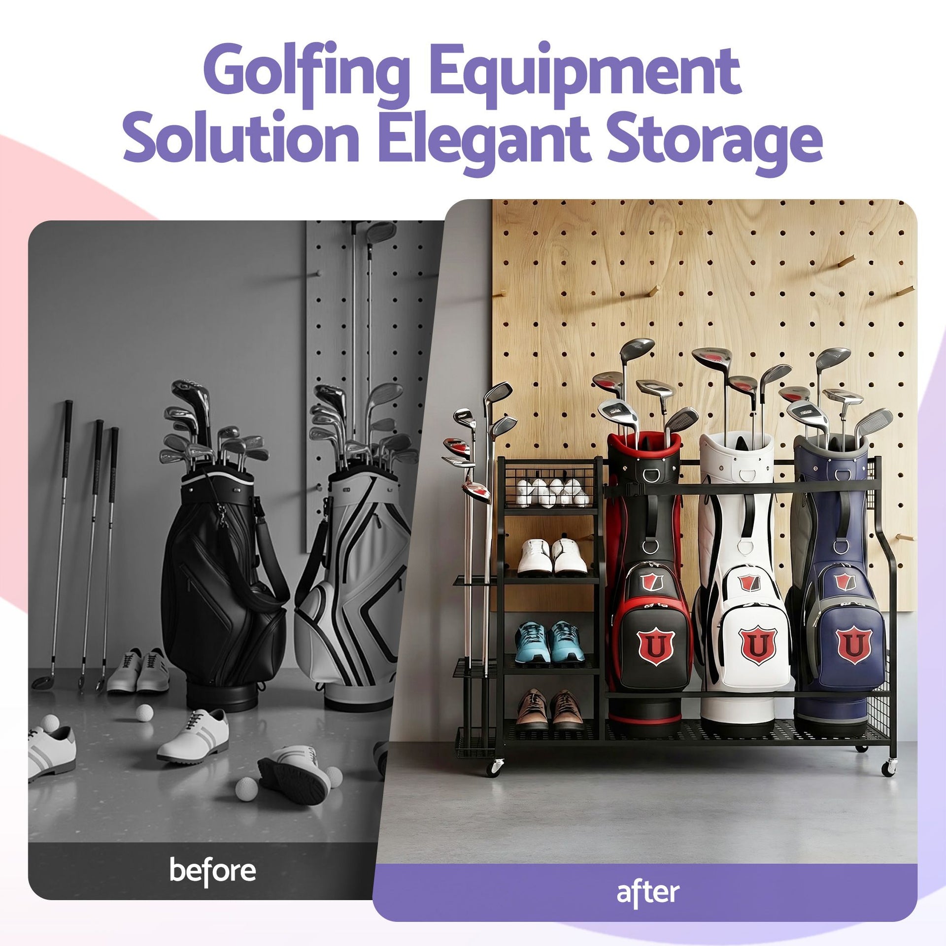 Everfit Golf 3 Bag Storage Golf Storage Garage Organizer with Wheels Black Everfit