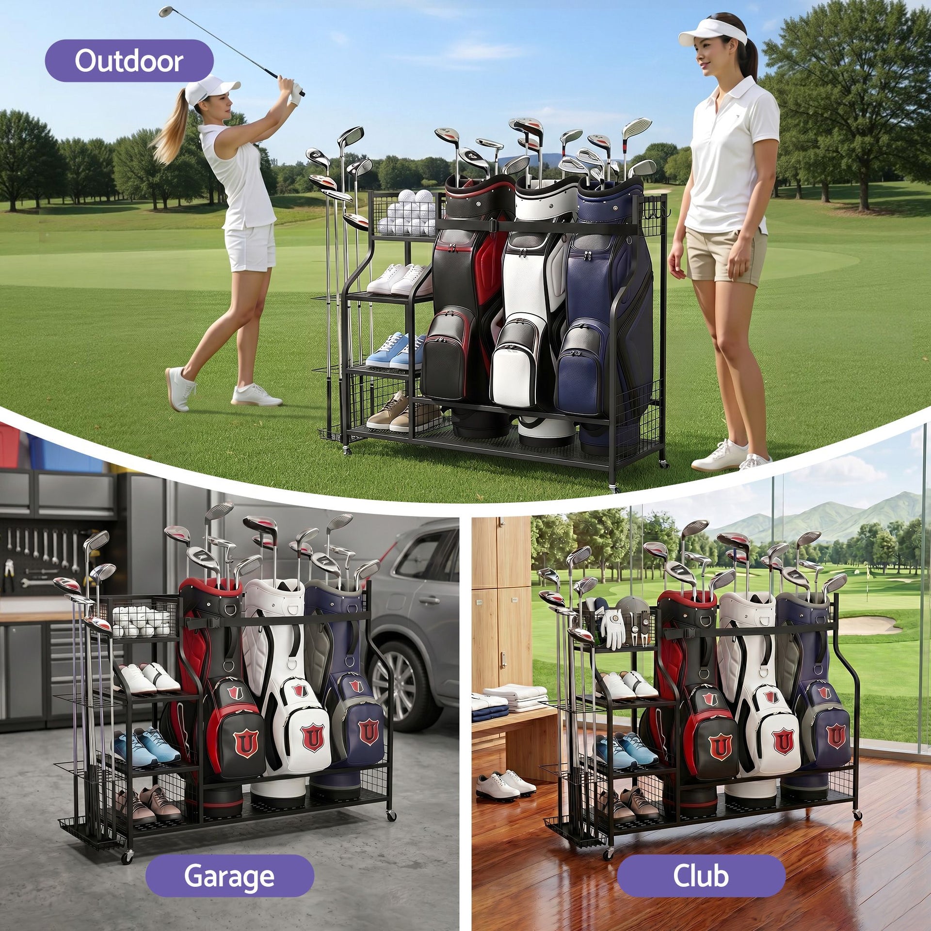 Everfit Golf 3 Bag Storage Golf Storage Garage Organizer with Wheels Black Everfit