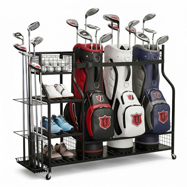 Everfit Golf 3 Bag Storage Golf Storage Garage Organizer with Wheels Black Everfit