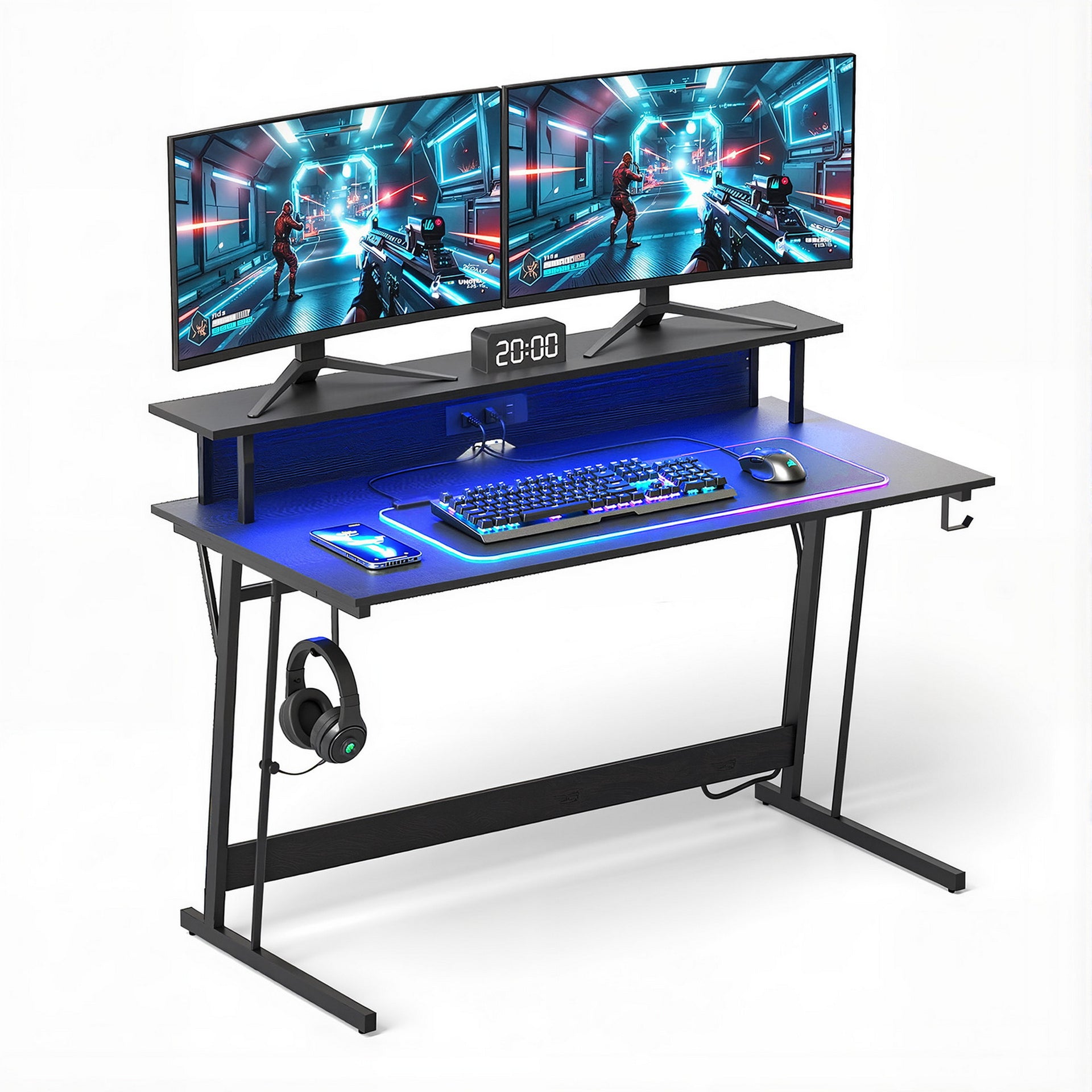 Artiss Gaming Desk with LED Lights Computer Desk Table with Monitor Shelf Power 120cm Awezingly