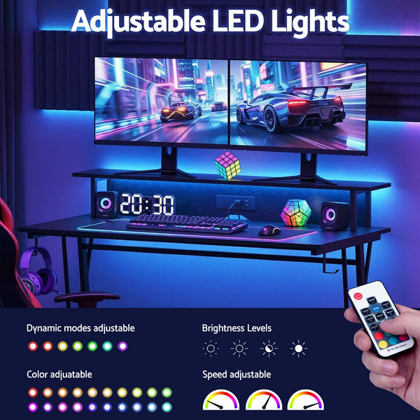 Artiss Gaming Desk with LED Lights Computer Desk Table with Monitor Shelf Power 120cm Awezingly