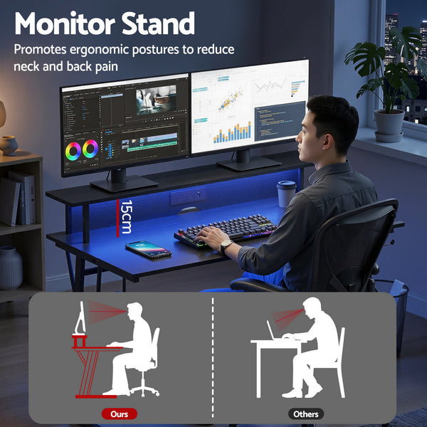 Artiss Gaming Desk with LED Lights Computer Desk Table with Monitor Shelf Power 120cm Awezingly