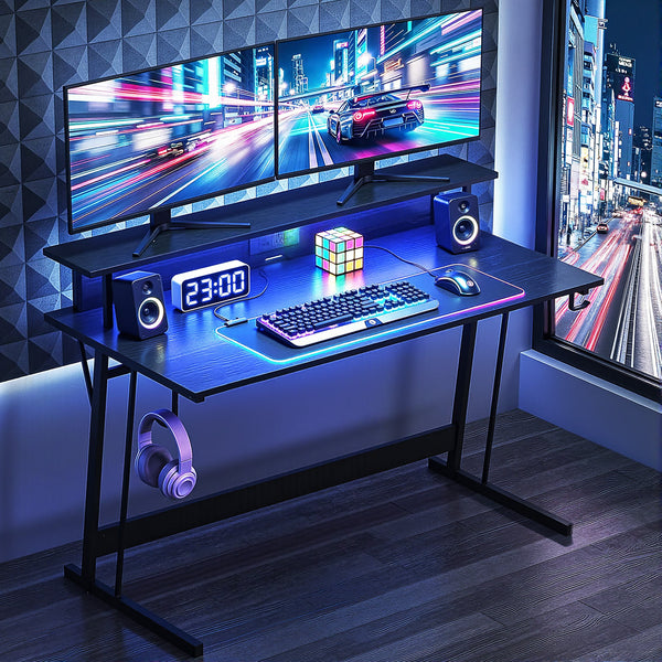 Artiss Gaming Desk with LED Lights Computer Desk Table with Monitor Shelf Power 120cm Awezingly