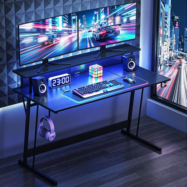 Artiss Gaming Desk with LED Lights Computer Desk Table with Monitor Shelf Power 120cm Awezingly