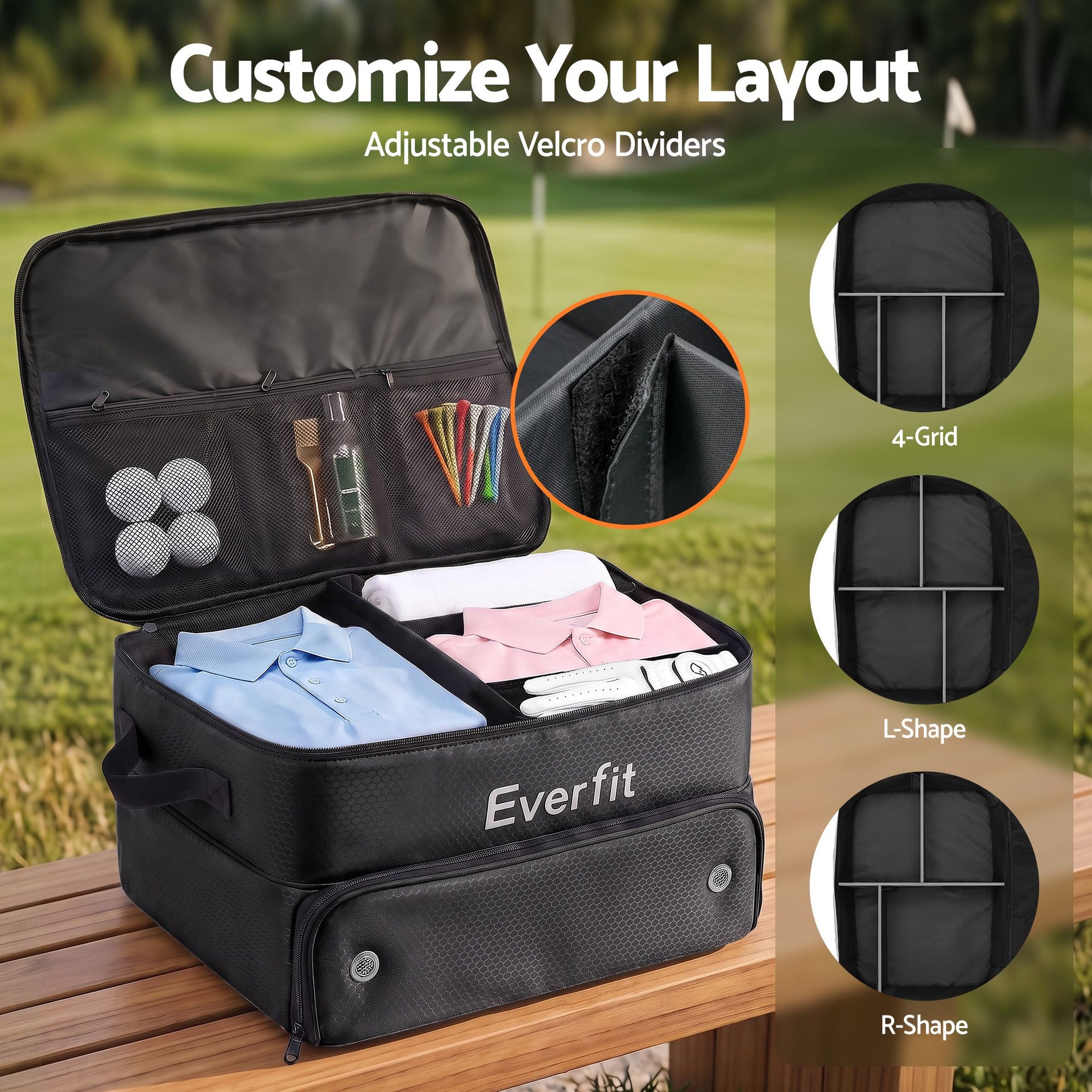 Everfit Golf Trunk Organizer for Car, 2-Tier Golf Storage Bag with Ventilated Shoe Compartment Black Awezingly