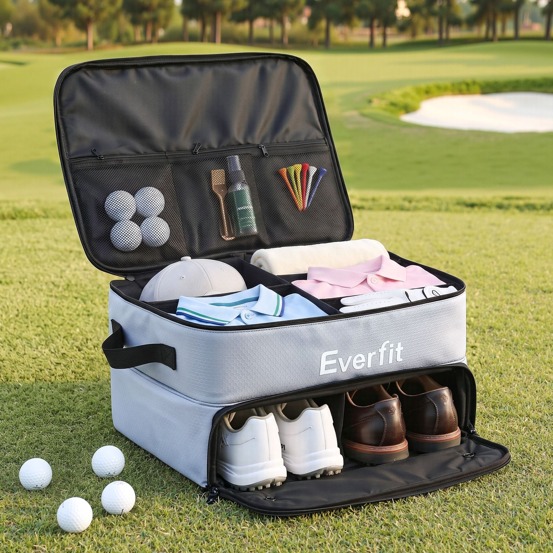 Everfit Golf Trunk Organizer for Car, 2-Tier Golf Storage Bag with Ventilated Shoe Compartment Grey Awezingly
