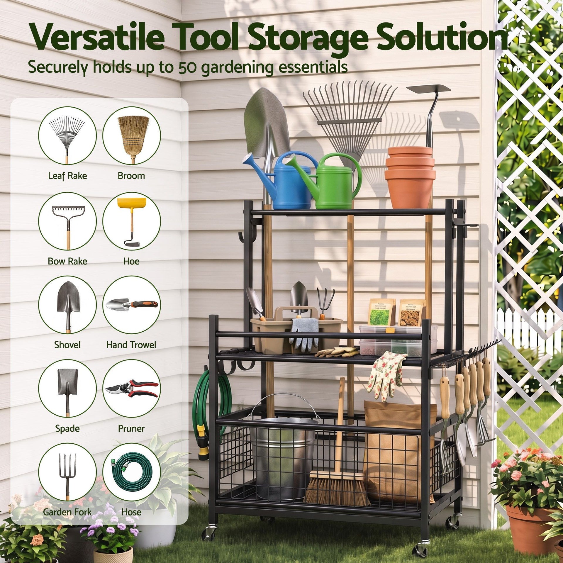 Gardeon Garden Tool Organizer Rack 16 Slots Rolling Garage Storage with Hooks Awezingly