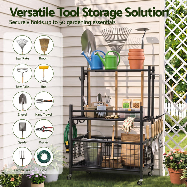 Gardeon Garden Tool Organizer Rack 16 Slots Rolling Garage Storage with Hooks Awezingly