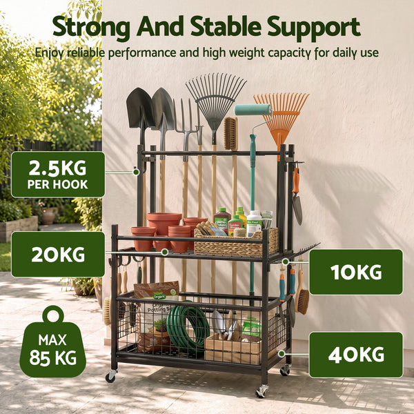 Gardeon Garden Tool Organizer Rack 16 Slots Rolling Garage Storage with Hooks Awezingly