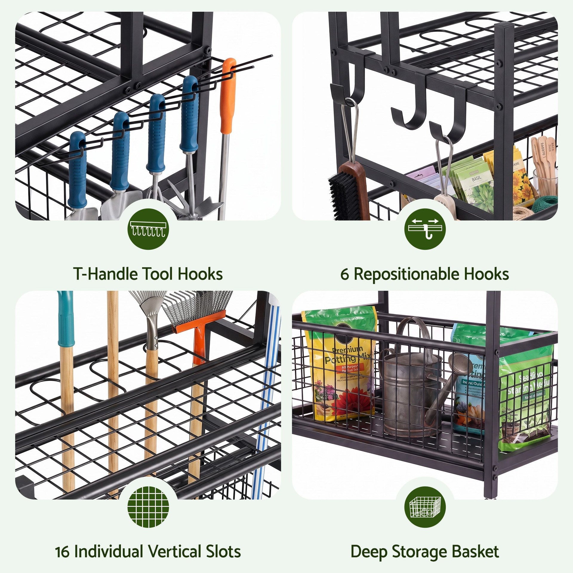 Gardeon Garden Tool Organizer Rack 16 Slots Rolling Garage Storage with Hooks Awezingly