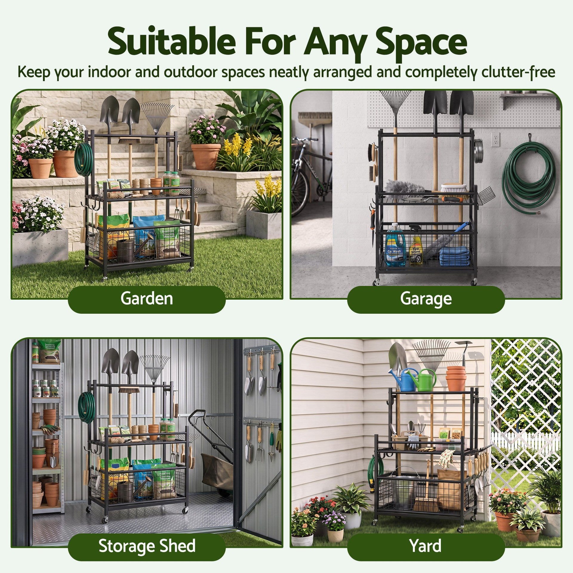 Gardeon Garden Tool Organizer Rack 16 Slots Rolling Garage Storage with Hooks Awezingly