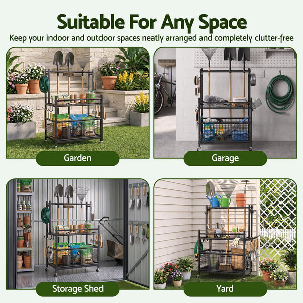 Gardeon Garden Tool Organizer Rack 16 Slots Rolling Garage Storage with Hooks Awezingly