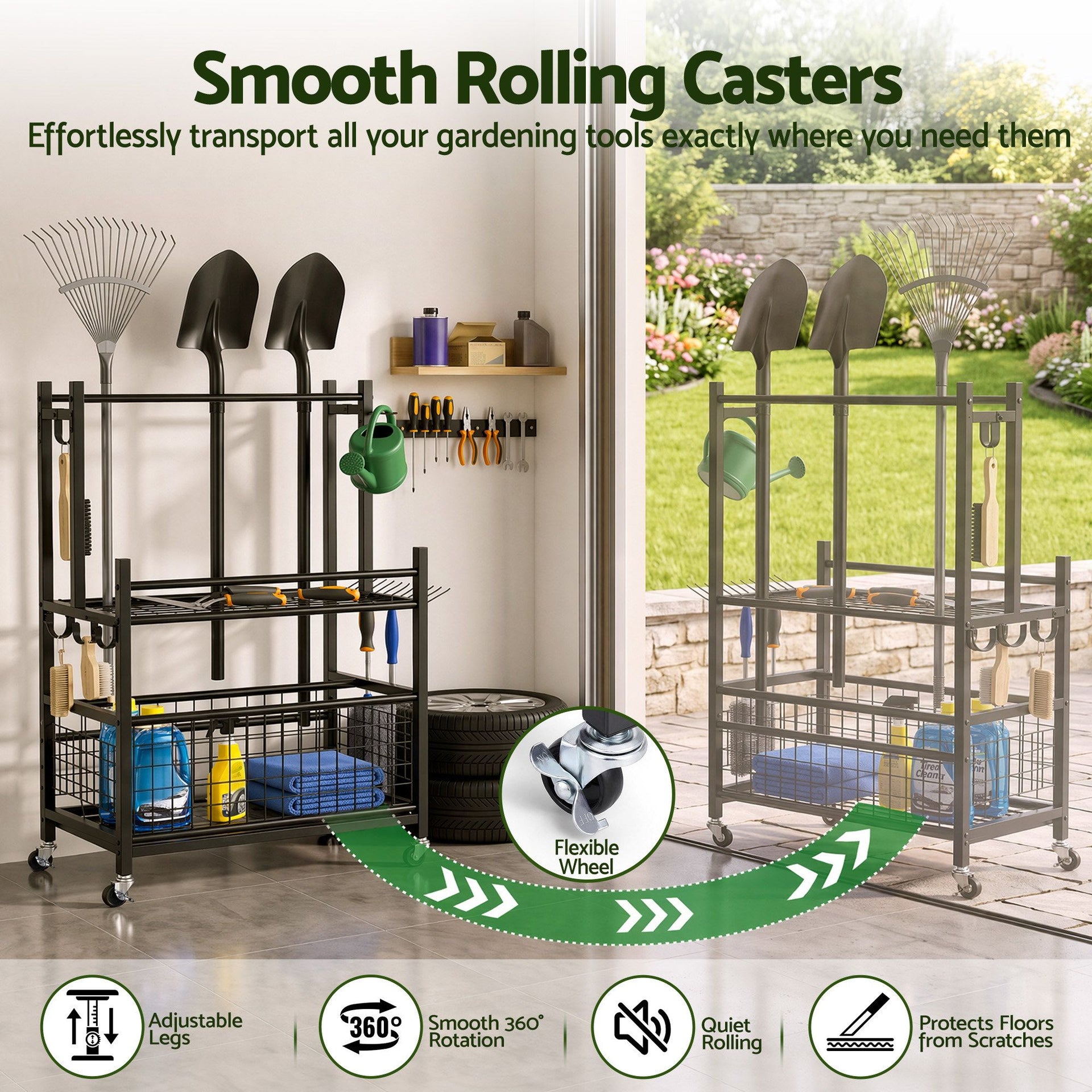 Gardeon Garden Tool Organizer Rack 16 Slots Rolling Garage Storage with Hooks Awezingly