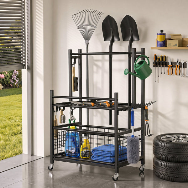 Gardeon Garden Tool Organizer Rack 16 Slots Rolling Garage Storage with Hooks Awezingly