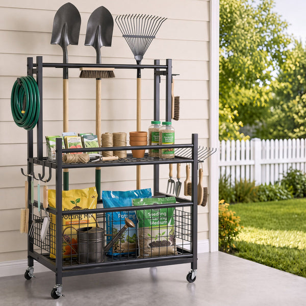 Gardeon Garden Tool Organizer Rack 16 Slots Rolling Garage Storage with Hooks Awezingly