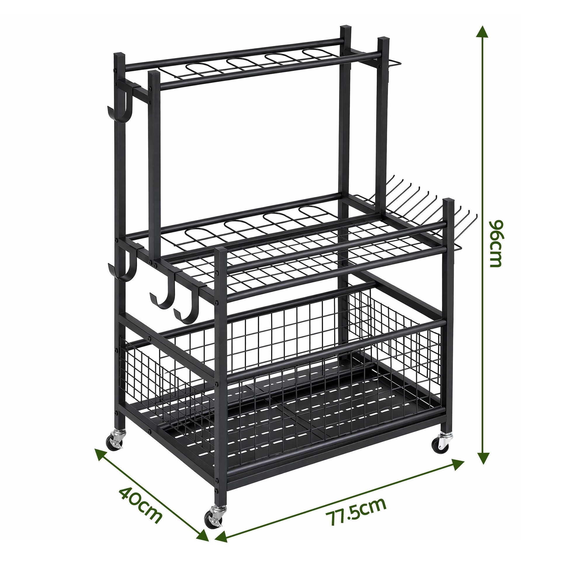 Gardeon Garden Tool Organizer Rack 16 Slots Rolling Garage Storage with Hooks Awezingly