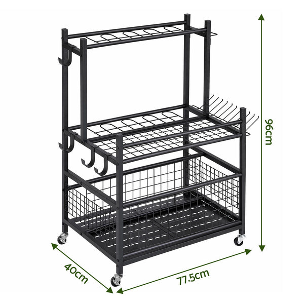 Gardeon Garden Tool Organizer Rack 16 Slots Rolling Garage Storage with Hooks Awezingly