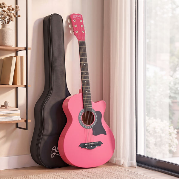 Alpha 38 Inch Acoustic Guitar Folk Cutaway Steel String Pink With Carry Bag Awezingly