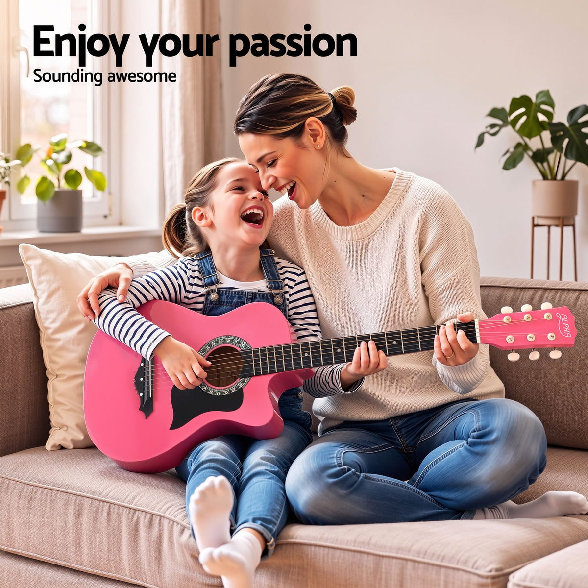 Alpha 38 Inch Acoustic Guitar Folk Cutaway Steel String Pink With Carry Bag Awezingly
