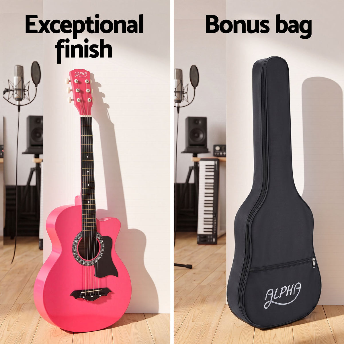Alpha 38 Inch Acoustic Guitar Folk Cutaway Steel String Pink With Carry Bag Awezingly
