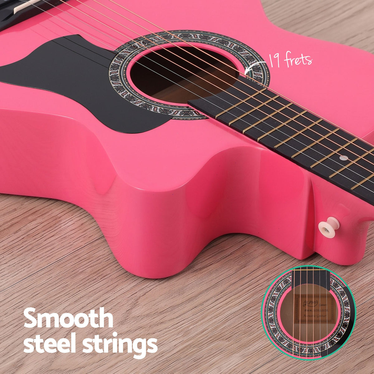 Alpha 38 Inch Acoustic Guitar Folk Cutaway Steel String Pink With Carry Bag Awezingly
