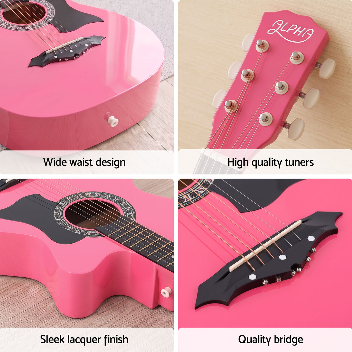 Alpha 38 Inch Acoustic Guitar Folk Cutaway Steel String Pink With Carry Bag Awezingly