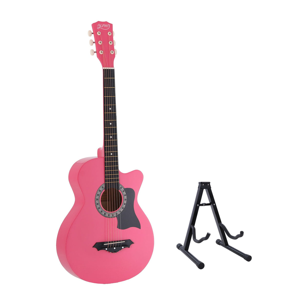 Alpha 38 Inch Acoustic Guitar Wooden Body Steel String Full Size w/ Stand Pink Awezingly