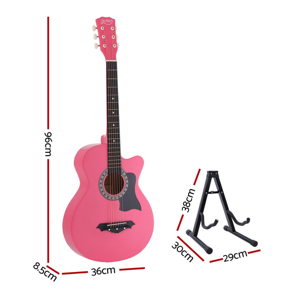Alpha 38 Inch Acoustic Guitar Wooden Body Steel String Full Size w/ Stand Pink Awezingly