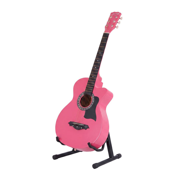 Alpha 38 Inch Acoustic Guitar Wooden Body Steel String Full Size w/ Stand Pink Awezingly