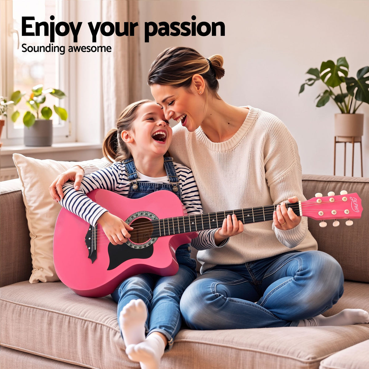 Alpha 38 Inch Acoustic Guitar Wooden Body Steel String Full Size w/ Stand Pink Awezingly