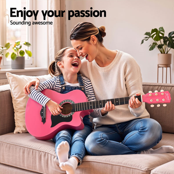 Alpha 38 Inch Acoustic Guitar Wooden Body Steel String Full Size w/ Stand Pink Awezingly