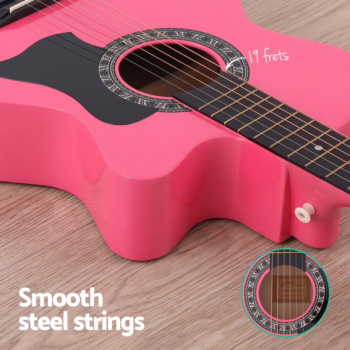 Alpha 38 Inch Acoustic Guitar Wooden Body Steel String Full Size w/ Stand Pink Awezingly
