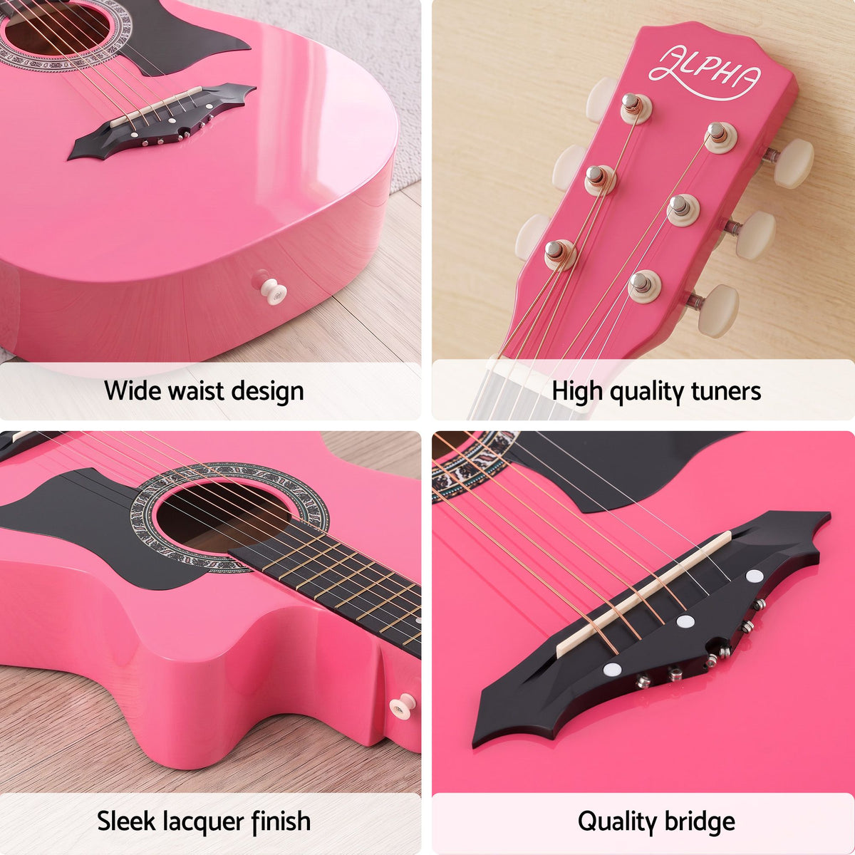 Alpha 38 Inch Acoustic Guitar Wooden Body Steel String Full Size w/ Stand Pink Awezingly