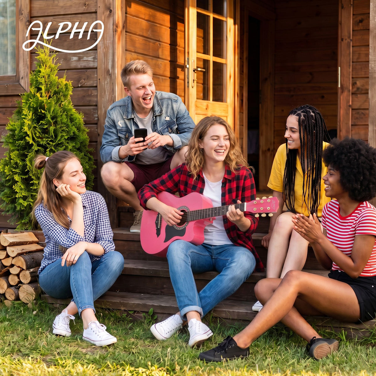 Alpha 38 Inch Acoustic Guitar Wooden Body Steel String Full Size w/ Stand Pink Awezingly