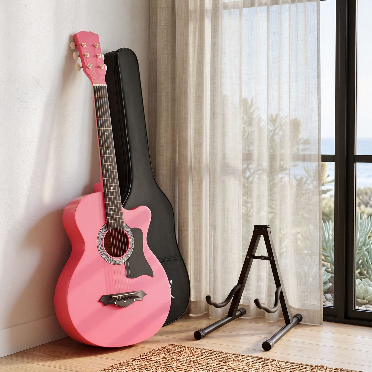 Alpha 38 Inch Acoustic Guitar Wooden Body Steel String Full Size w/ Stand Pink Awezingly