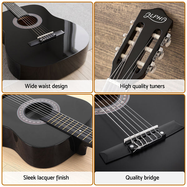Alpha 38 Inch Acoustic Guitar Full Size Classical Cutaway Nylon String Black Awezingly