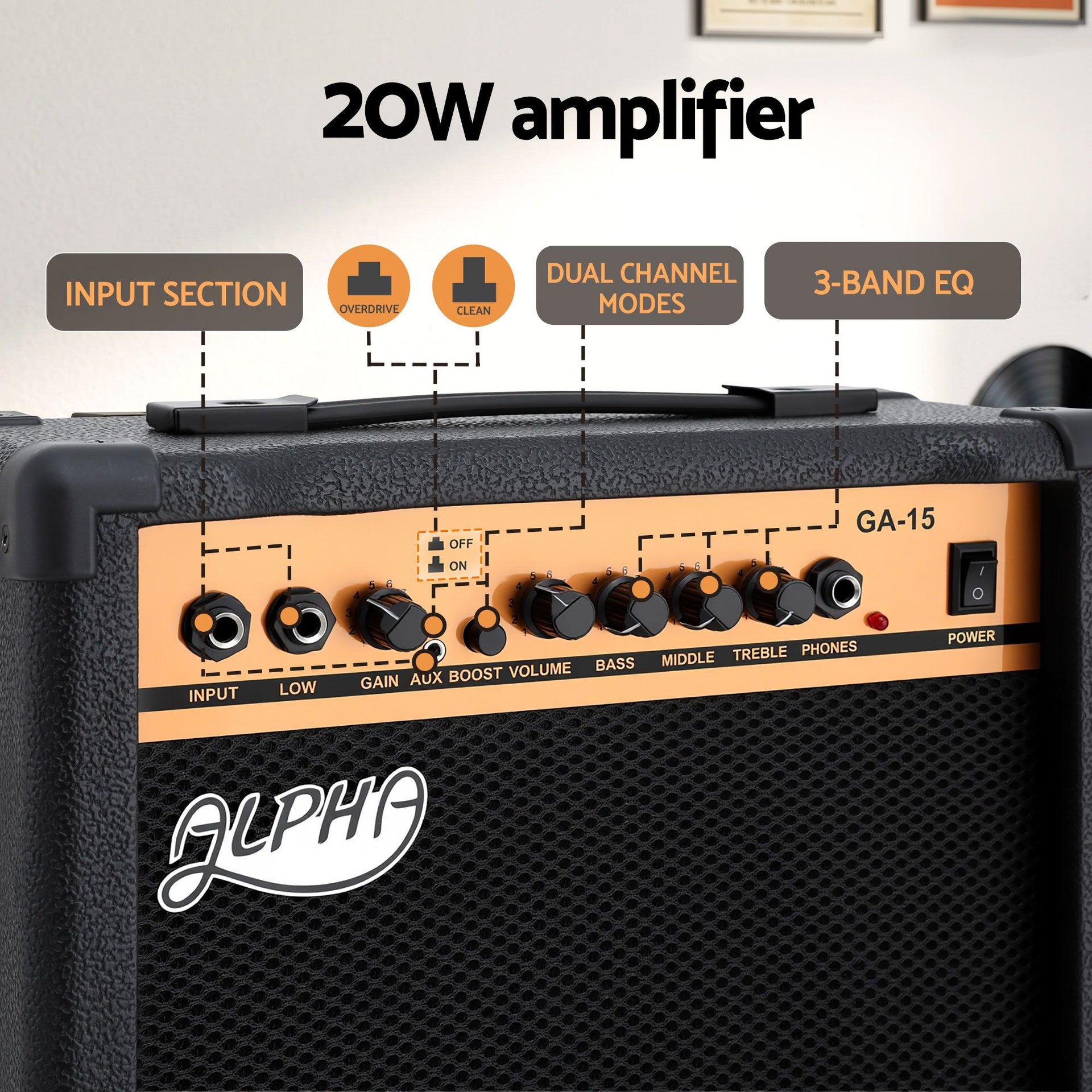 Alpha 20W Guitar Amplifier Portable Practice Amp Overdrive 3-Band EQ Black Awezingly