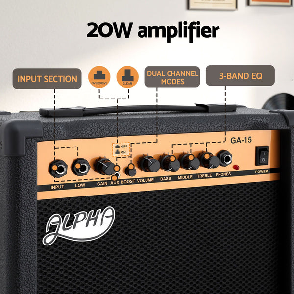 Alpha 20W Guitar Amplifier Portable Practice Amp Overdrive 3-Band EQ Black Awezingly