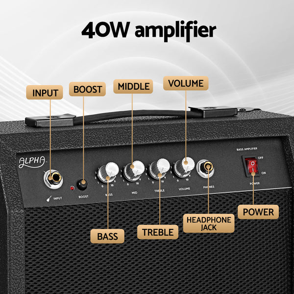 Alpha Electric Guitar Bass 47 Inch Set Kit 40W Bass Guitar Amplifier Guitar Stand Folding Awezingly