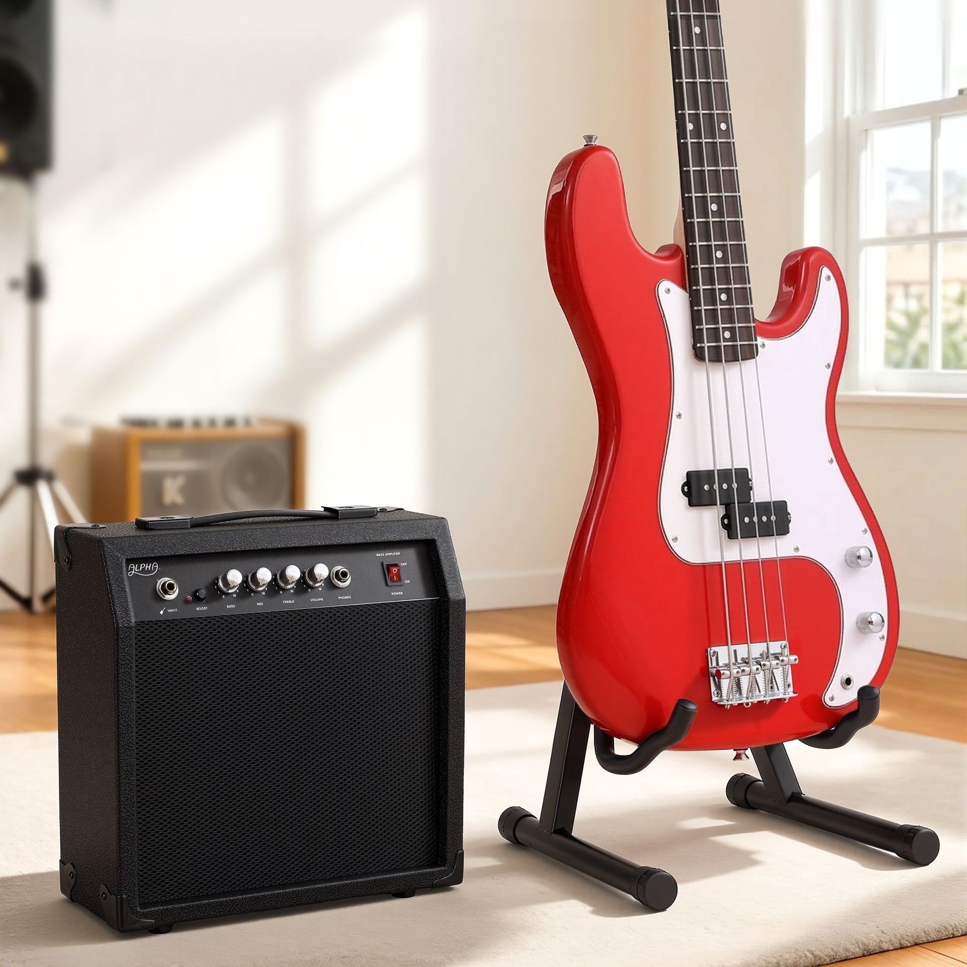 Alpha Electric Guitar Bass 47 Inch Set Kit 40W Bass Guitar Amplifier Guitar Stand Folding Awezingly