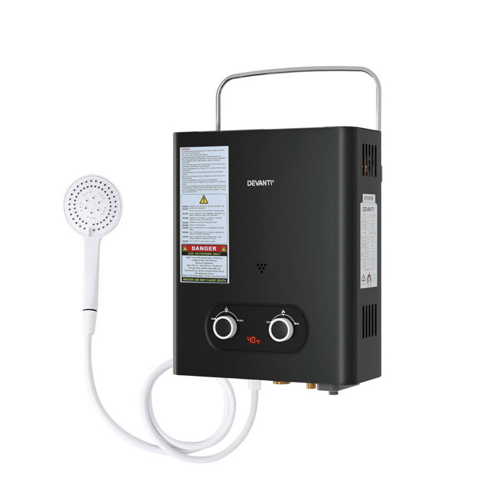 Devanti Portable Gas Water Heater 6L/Min LPG System Black DEVANTI