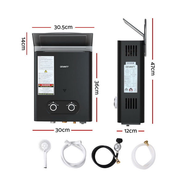 Devanti Portable Gas Water Heater 6L/Min LPG System Black DEVANTI