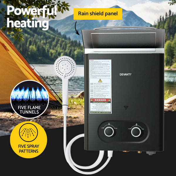 Devanti Portable Gas Water Heater 6L/Min LPG System Black DEVANTI