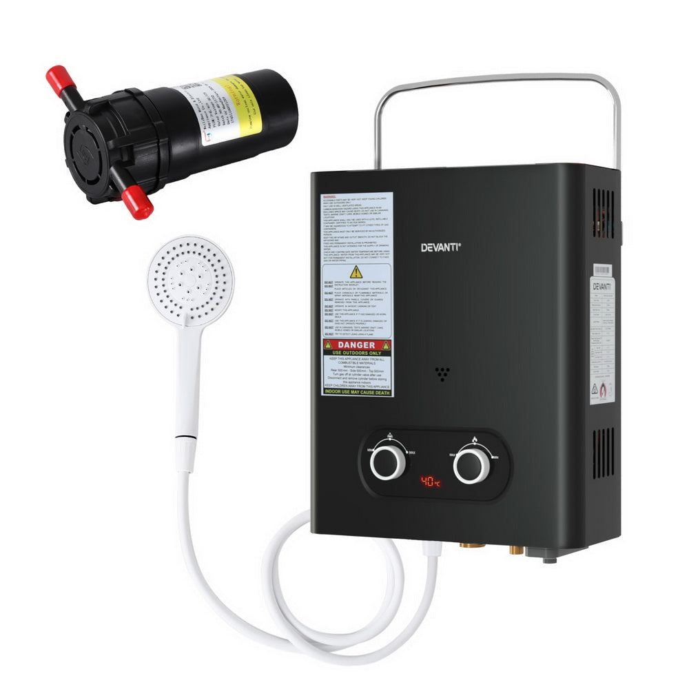 Devanti Portable Gas Water Heater LPG-powered System Black With Pump Devanti