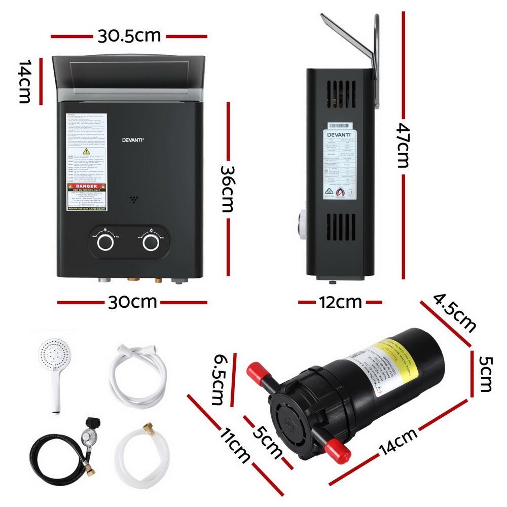 Devanti Portable Gas Water Heater LPG-powered System Black With Pump Devanti