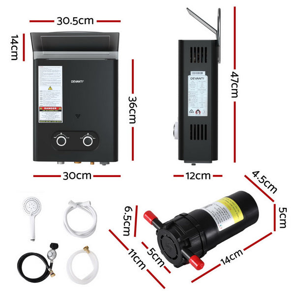 Devanti Portable Gas Water Heater LPG-powered System Black With Pump Devanti