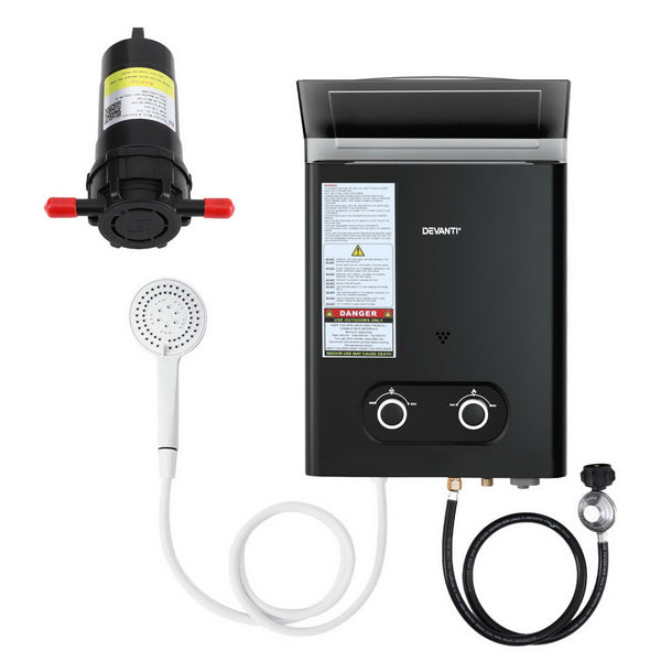 Devanti Portable Gas Water Heater LPG-powered System Black With Pump Devanti