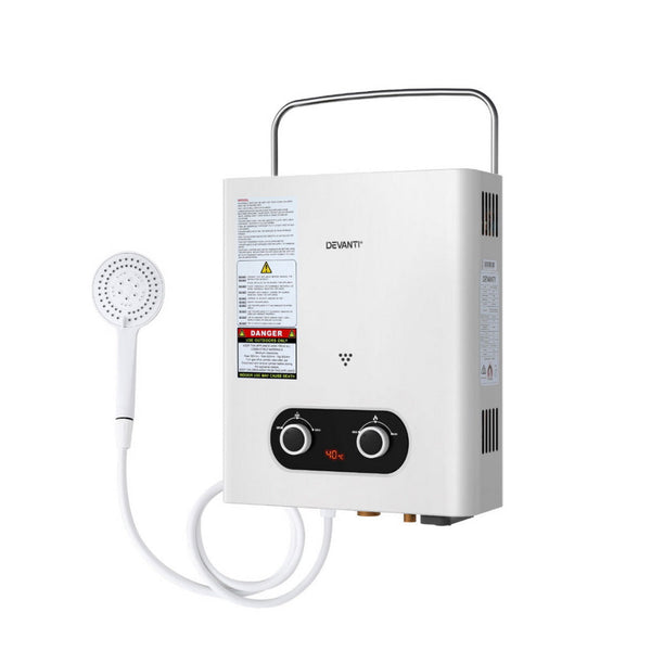 Devanti Portable Gas Water Heater 6LPM Outdoor Camping Shower White DEVANTI